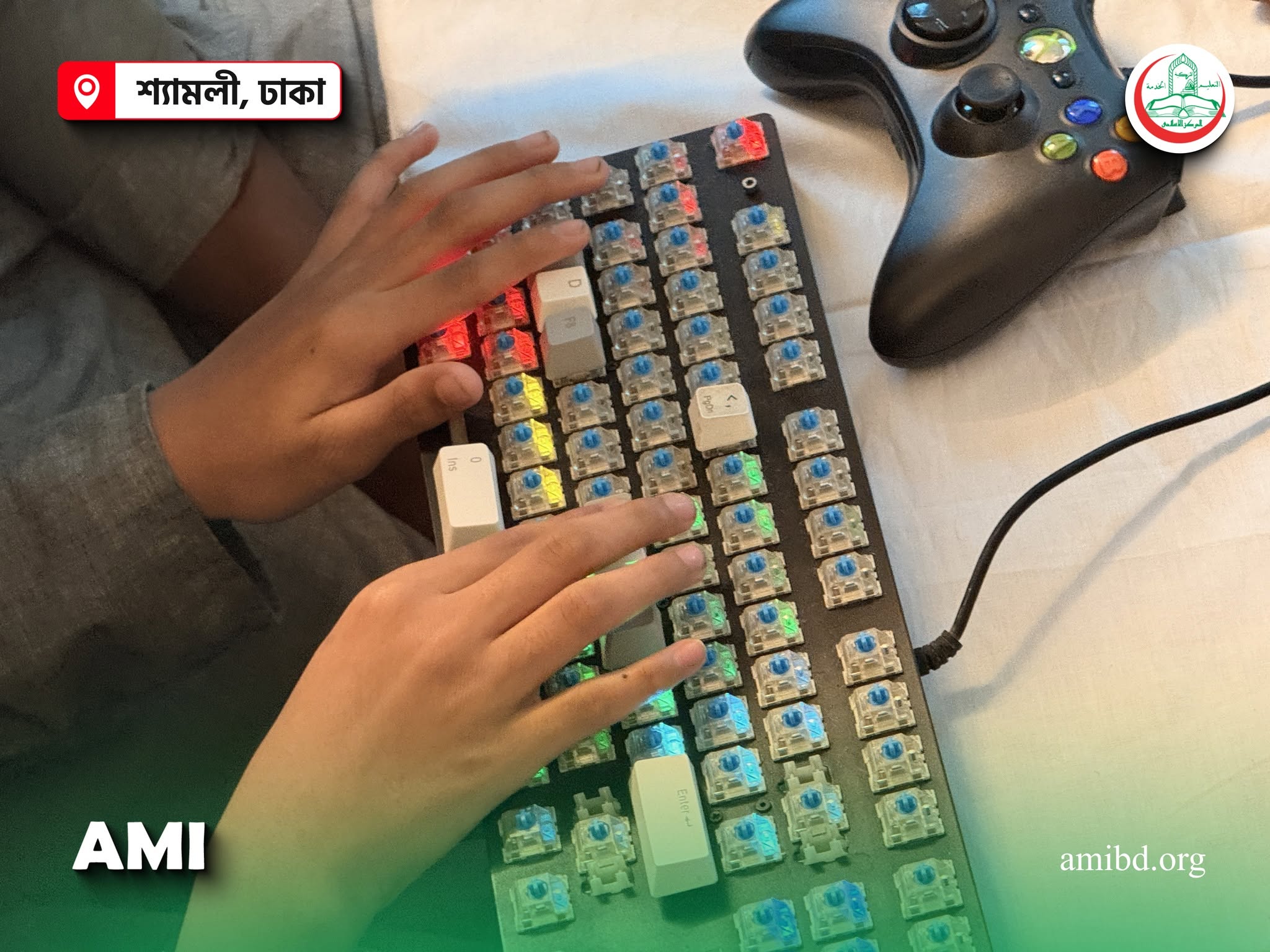Hands pressing a tactile keyboard connected to a braille learning prototype.