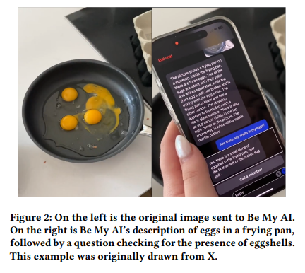 A photo of eggs in a frying pan is shown beside a phone conversation. The AI first gives a broad description of the pan and eggs. Only after the user asks whether any shell is present does it identify a small piece of eggshell. The figure shows why practitioners should teach specific follow-up questions instead of assuming the first description will match the task.